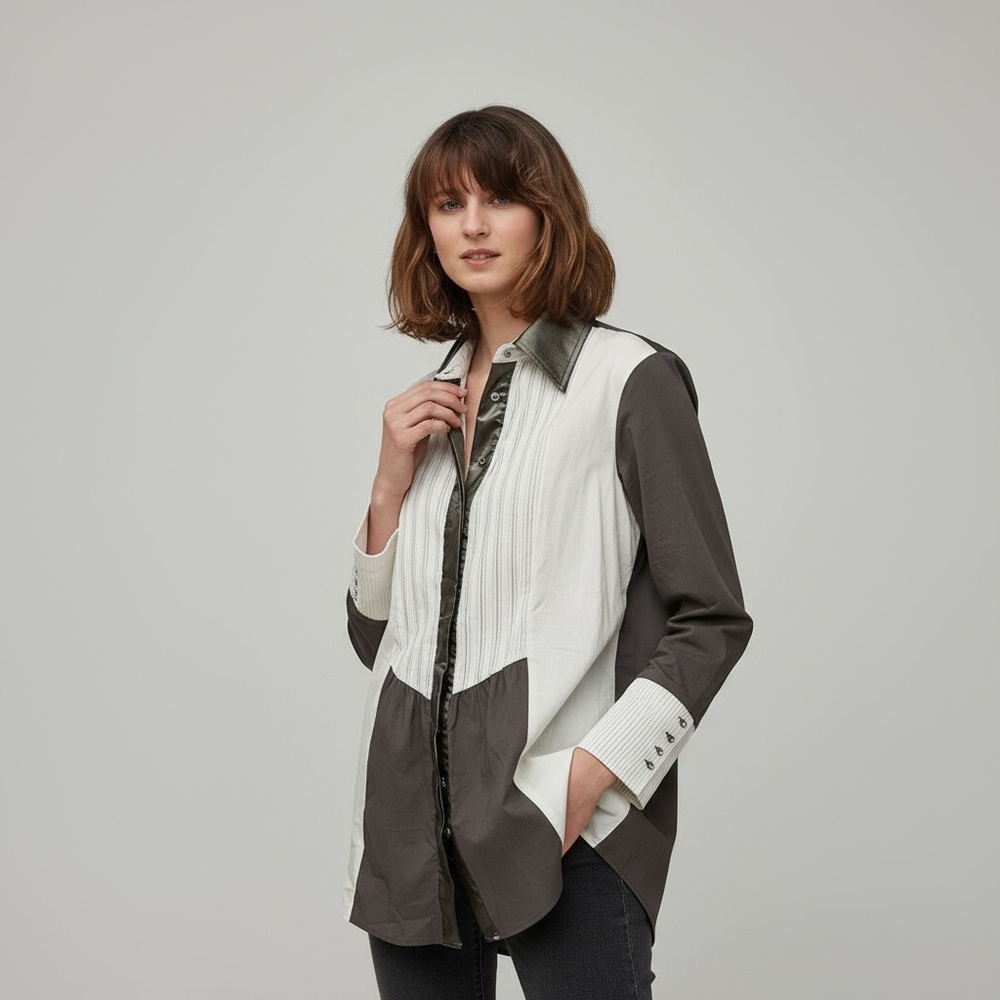 Alison Sheri Tuxedo Blouse Gray White Size XL
